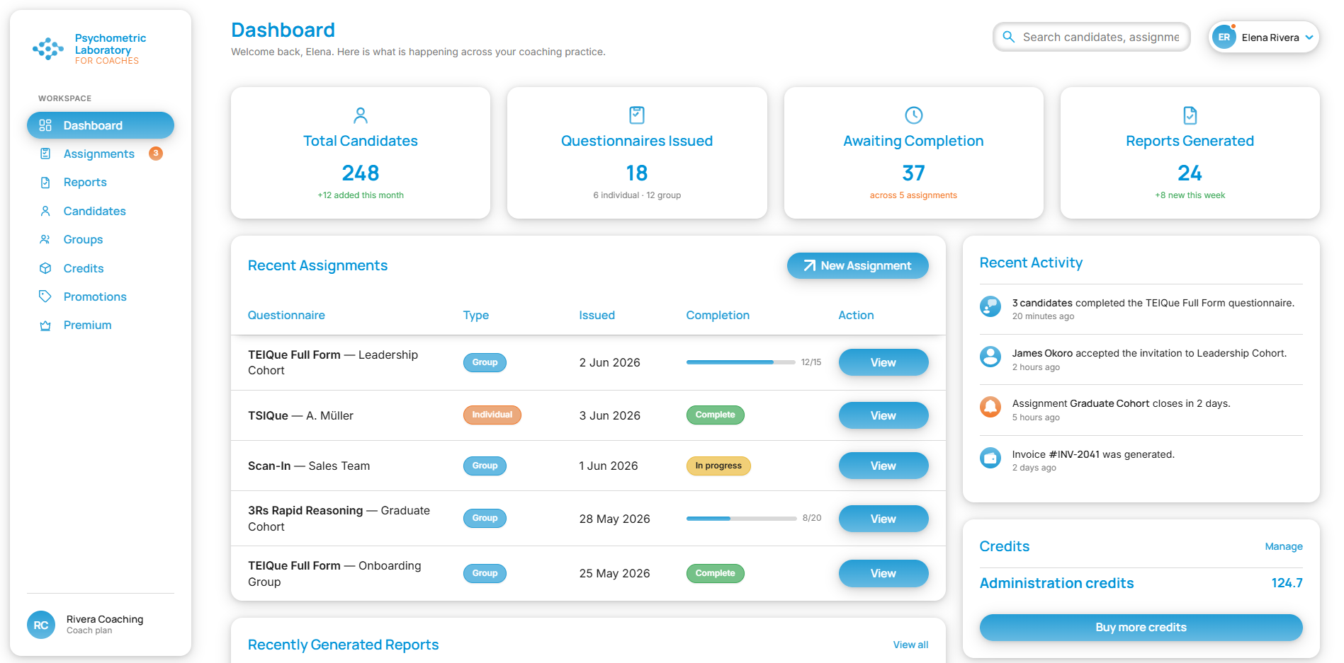 Coach account dashboard